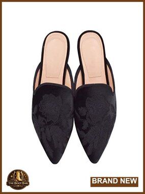 Velvet Embroidered Pointed Toe Slip On Mules Flats Mule Slippers